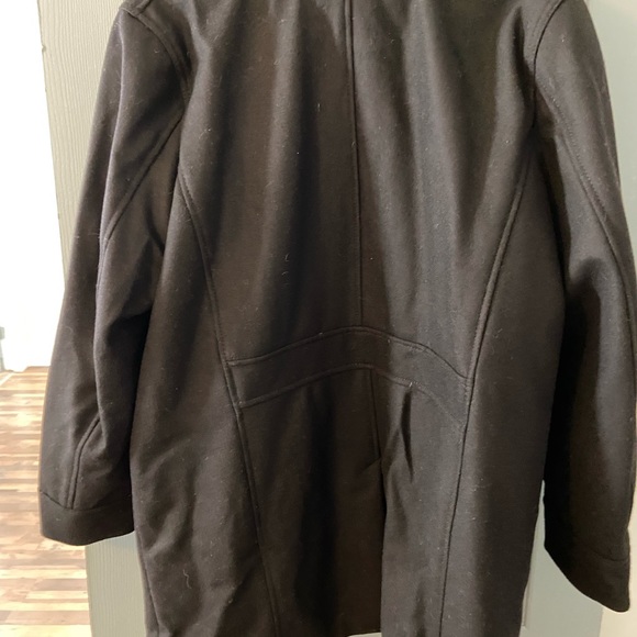 Men Express black wool coat with inside bib for warmth size Large slightly worn. - Picture 2 of 7